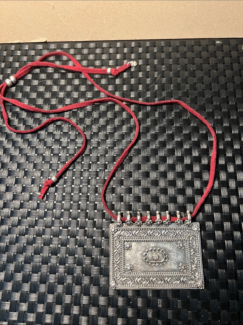 Lucky Brand Boho Silver-Tone Rectangular Pendant Necklace on Red adjustable cord